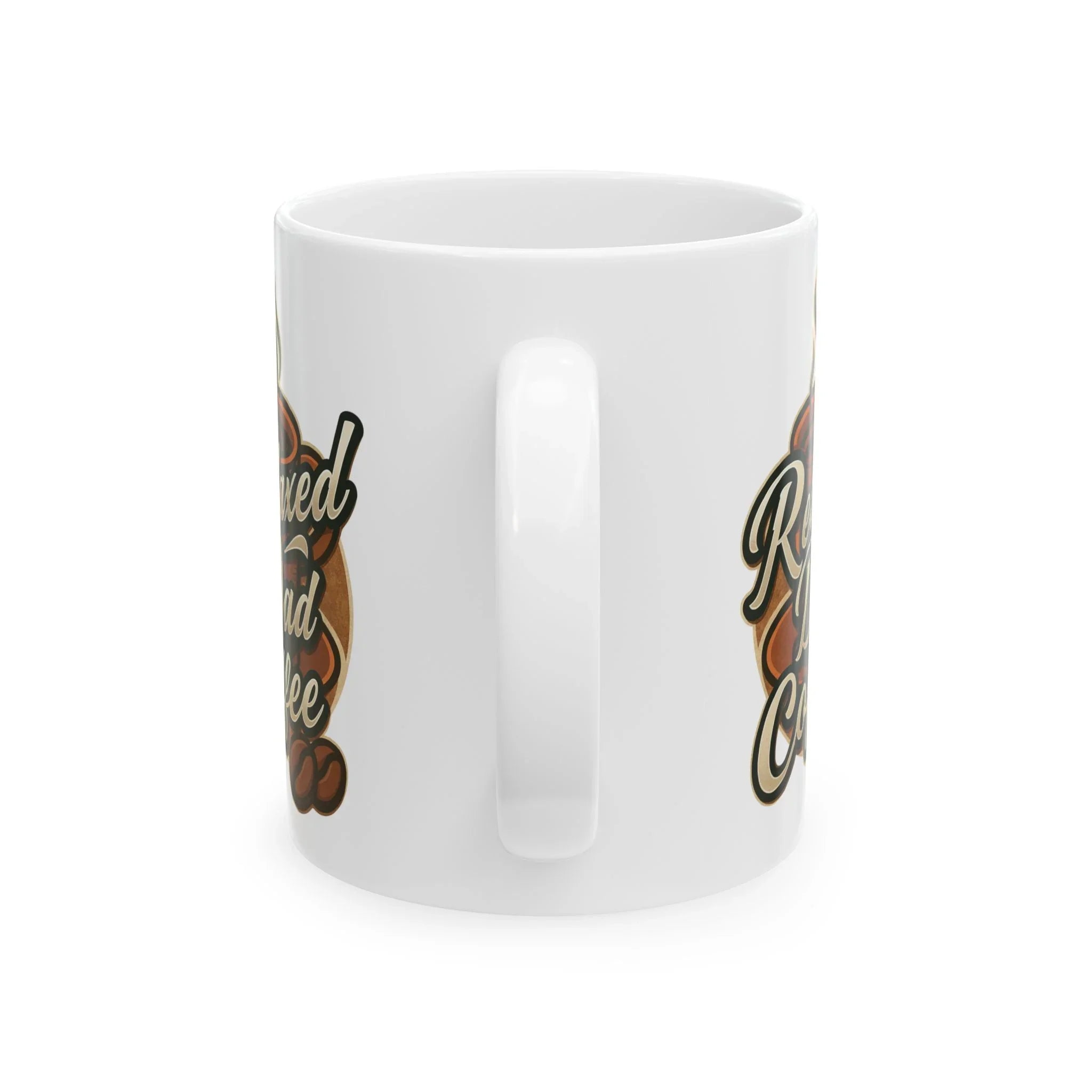 White ceramic coffee mug with a retro style roasted ground coffee design featuring coffee beans