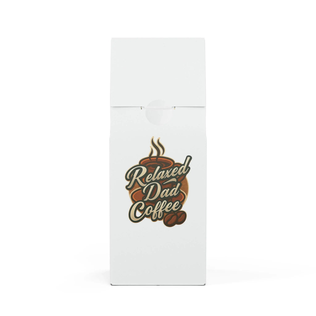 White coffee bag with Relaxed Dad Coffee logo featuring steaming cup and coffee beans