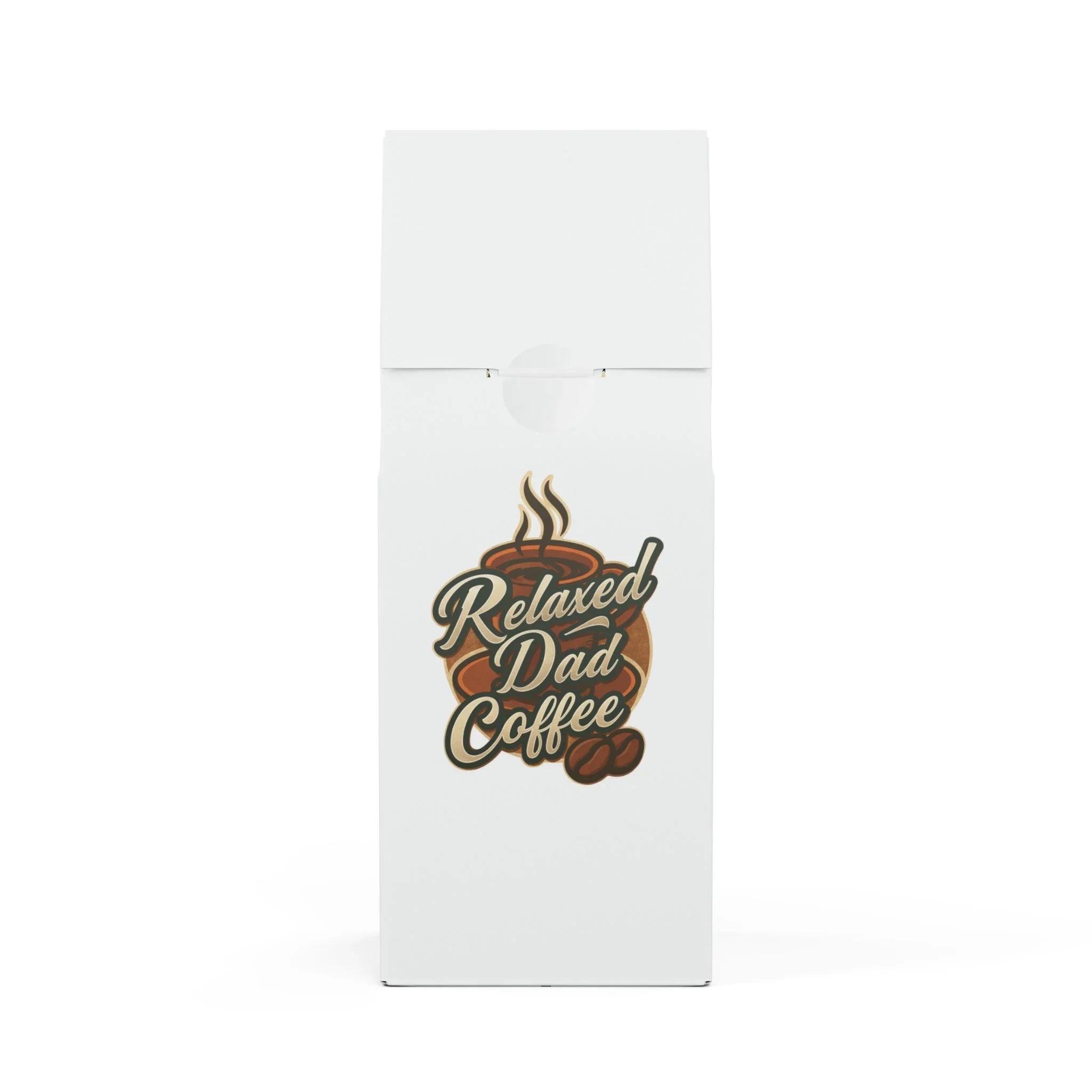 White coffee bag with Relaxed Dad Coffee logo featuring steaming cup and coffee beans