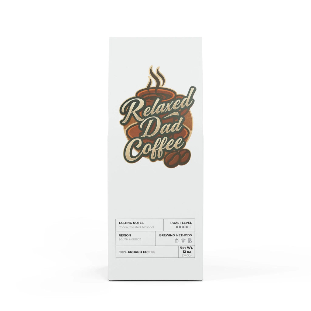 Relaxed Dad Coffee bag with cocoa and toasted almond notes, medium roast, South America ground coffee