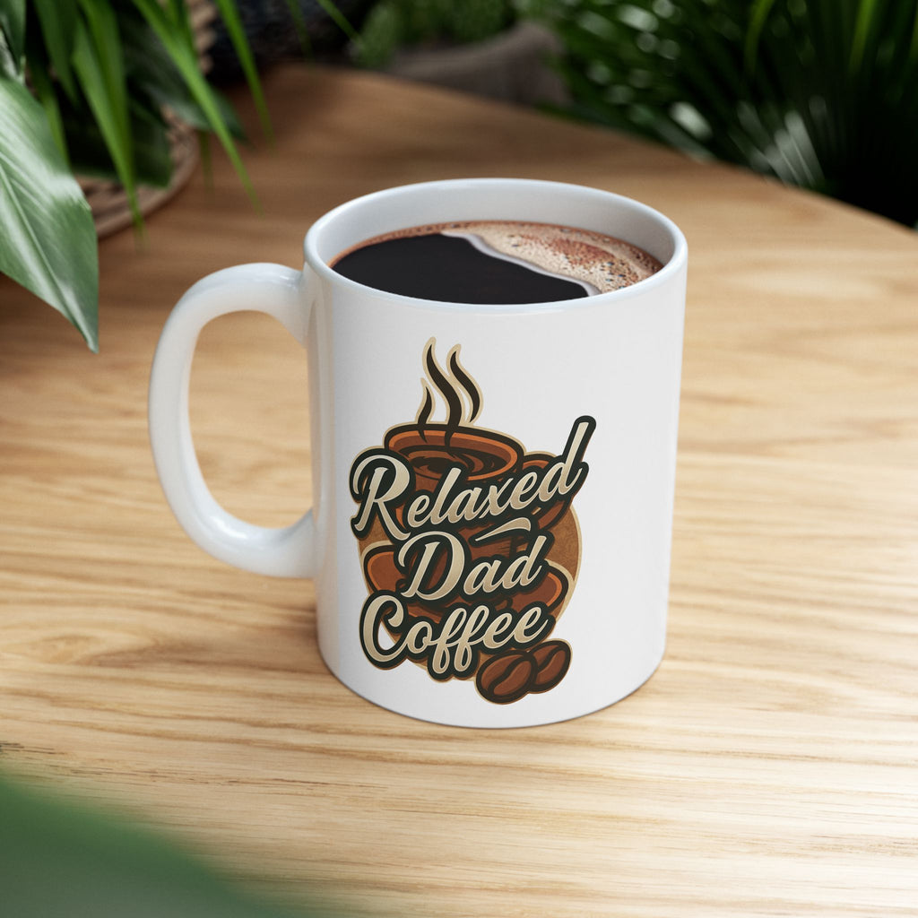 White coffee mug with steaming cup graphic and text Relaxed Dad Coffee on wooden table with green plants