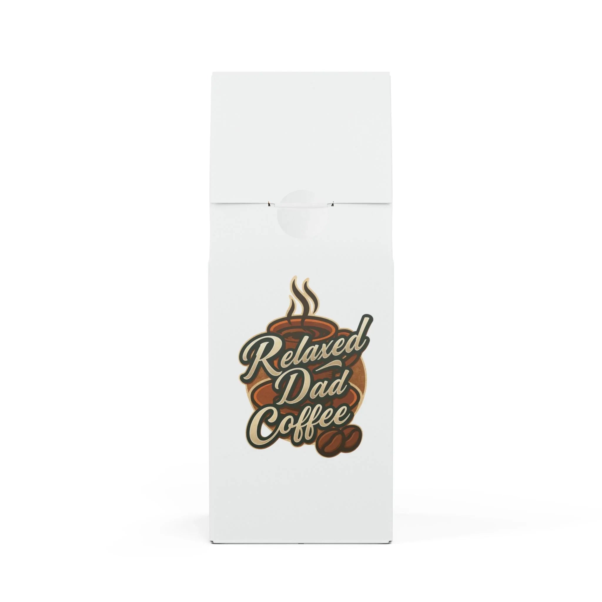 White coffee bag with steaming cup logo and text Relaxed Dad Coffee with coffee beans
