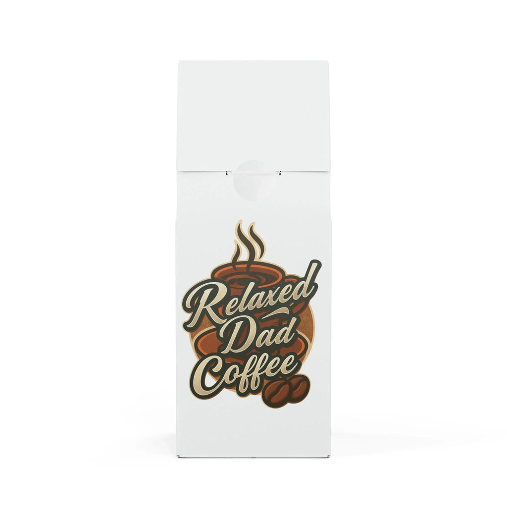 White coffee bag with Relaxed Dad Coffee logo featuring steaming cup and coffee beans