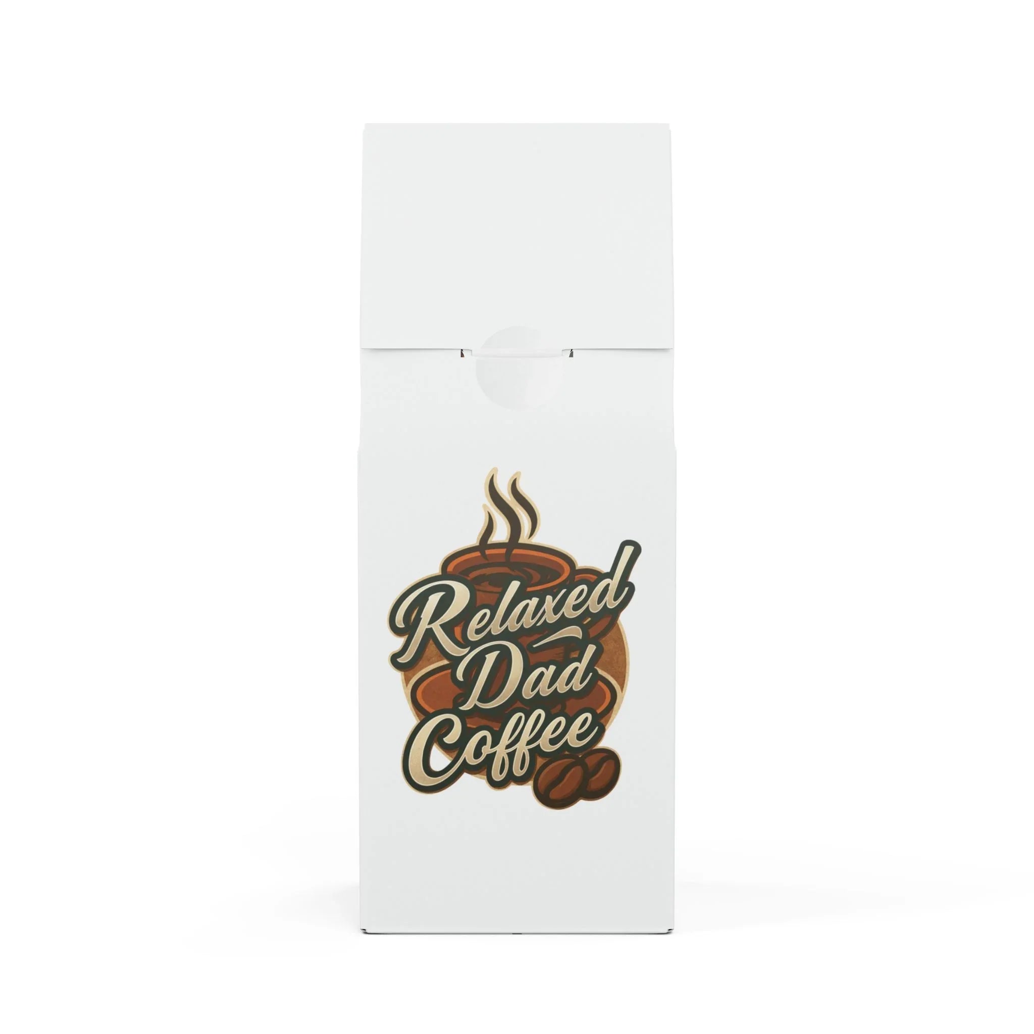 White coffee bag with logo featuring steaming cup and beans, text Relaxed Dad Coffee