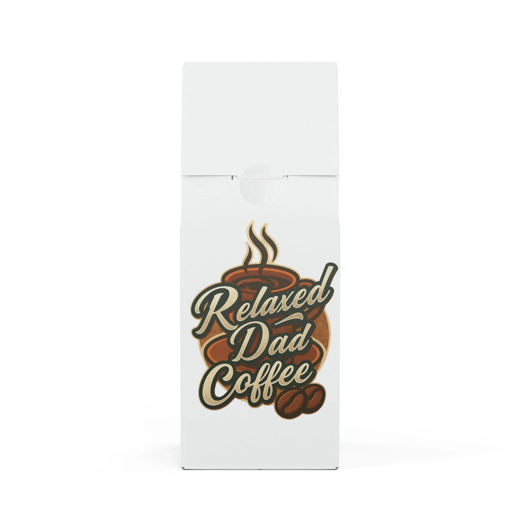 White coffee bag labeled Relaxed Dad Coffee with steaming cup and coffee beans graphic