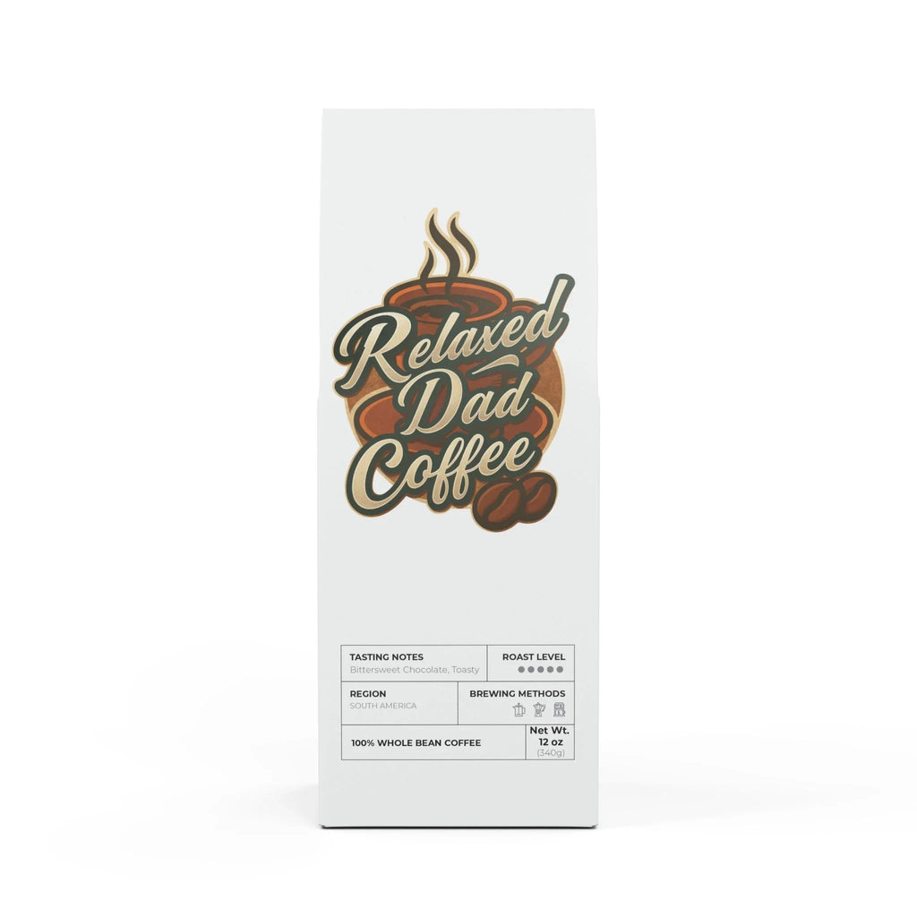 White bag of Relaxed Dad Coffee with logo, tasting notes, roast level, and brewing methods