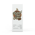 White bag of Relaxed Dad Coffee with logo, tasting notes, roast level, and brewing methods