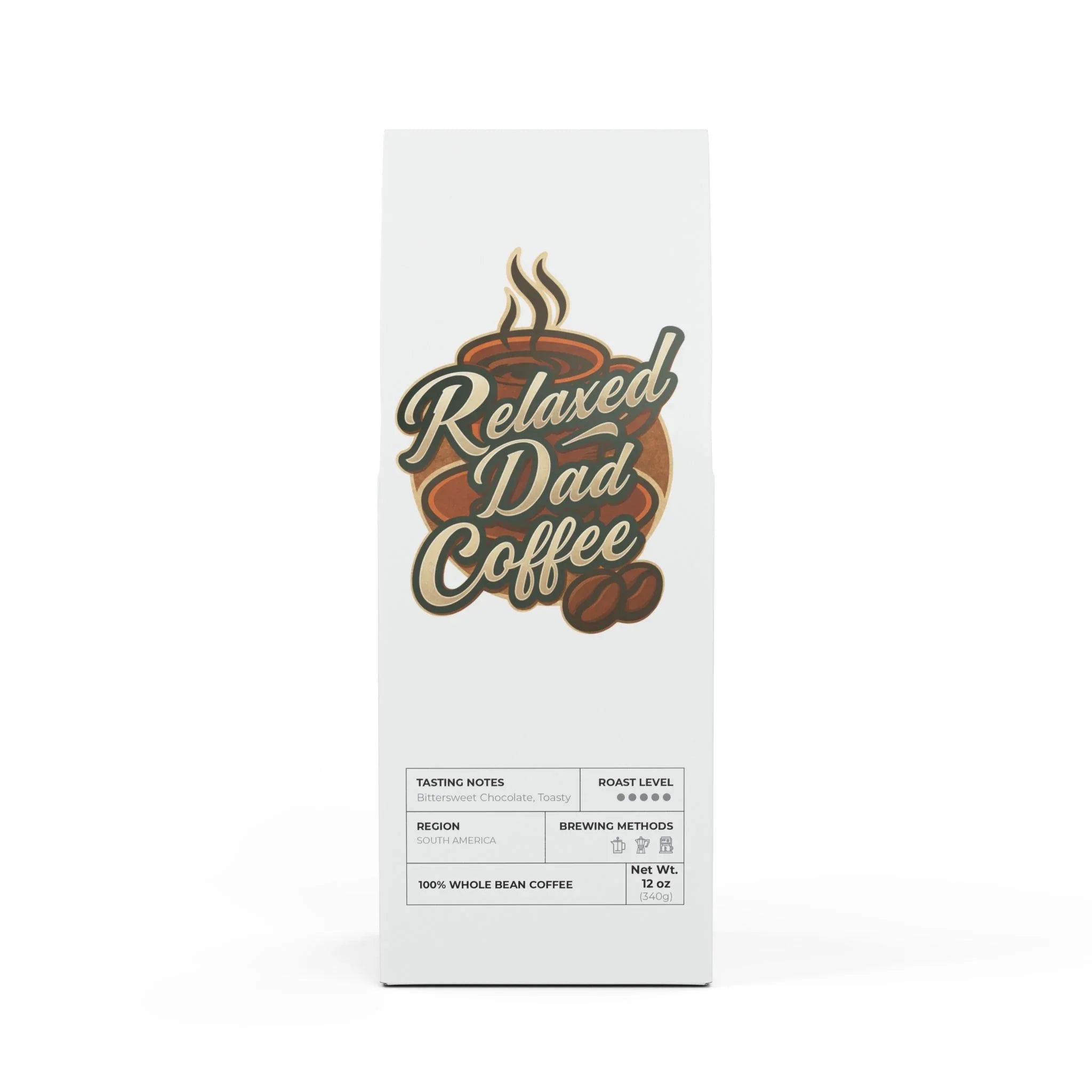 White bag of Relaxed Dad Coffee with logo, tasting notes, roast level, and brewing methods