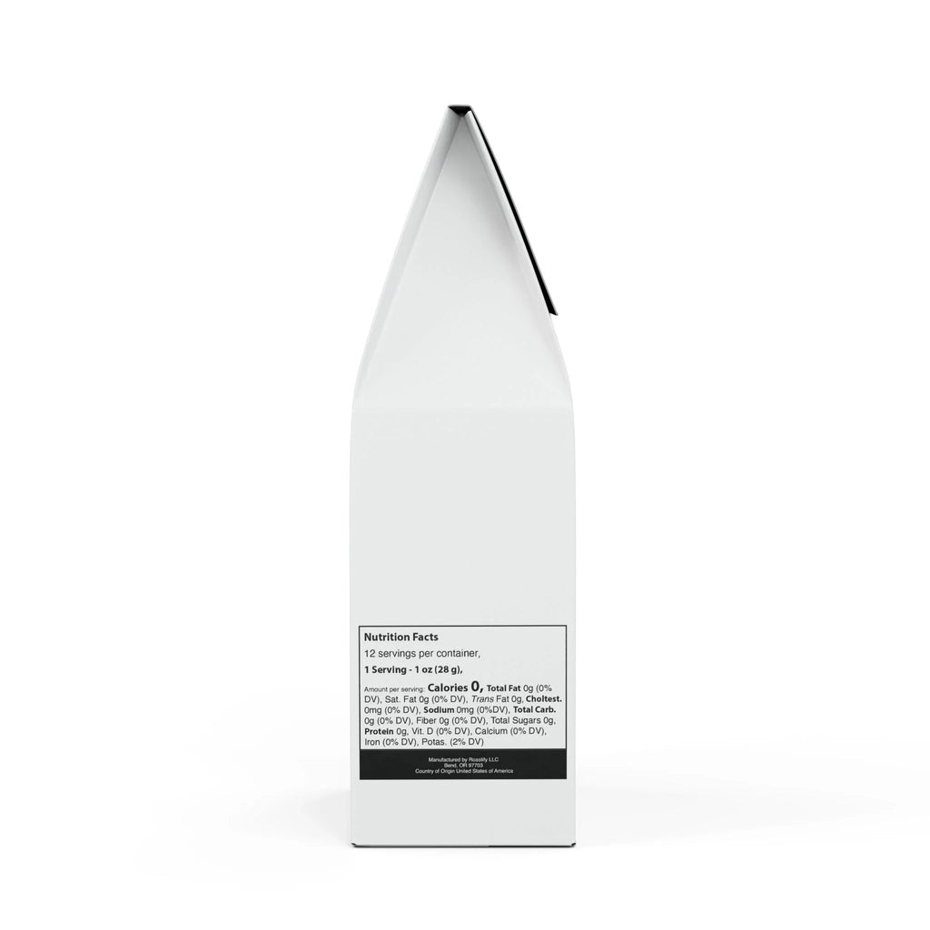 Side view of white product packaging with nutrition facts label on plain white background