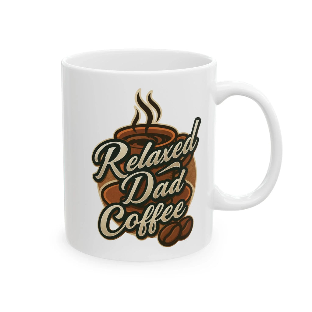 White coffee mug with steaming cup and coffee beans graphic and text Relaxed Dad Coffee