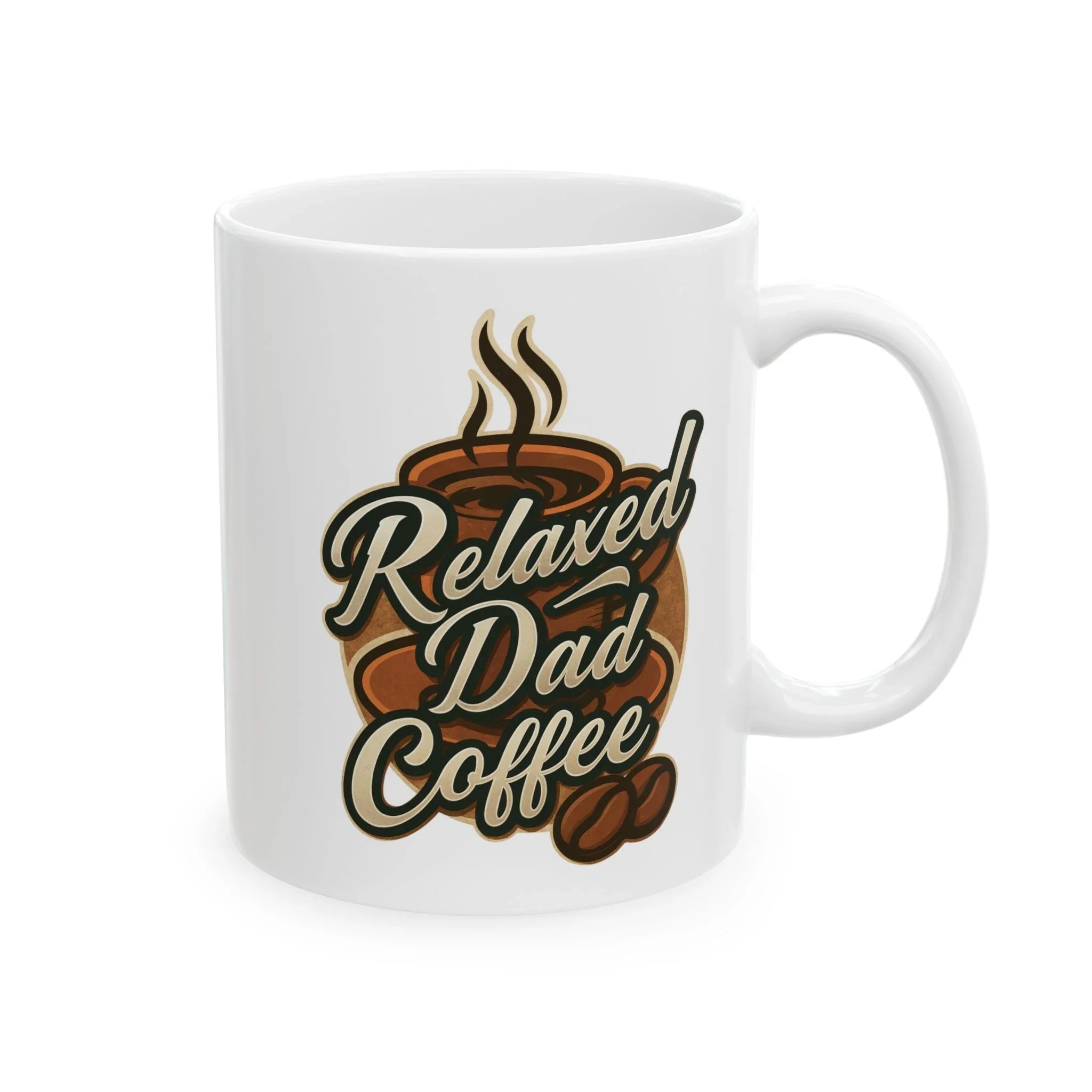 White coffee mug with steaming cup and coffee beans graphic and text Relaxed Dad Coffee