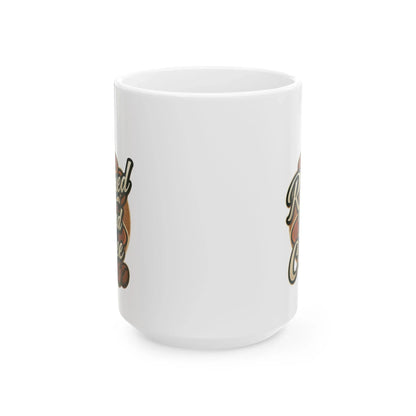 White ceramic coffee mug with vintage roasted coffee beans design on sides