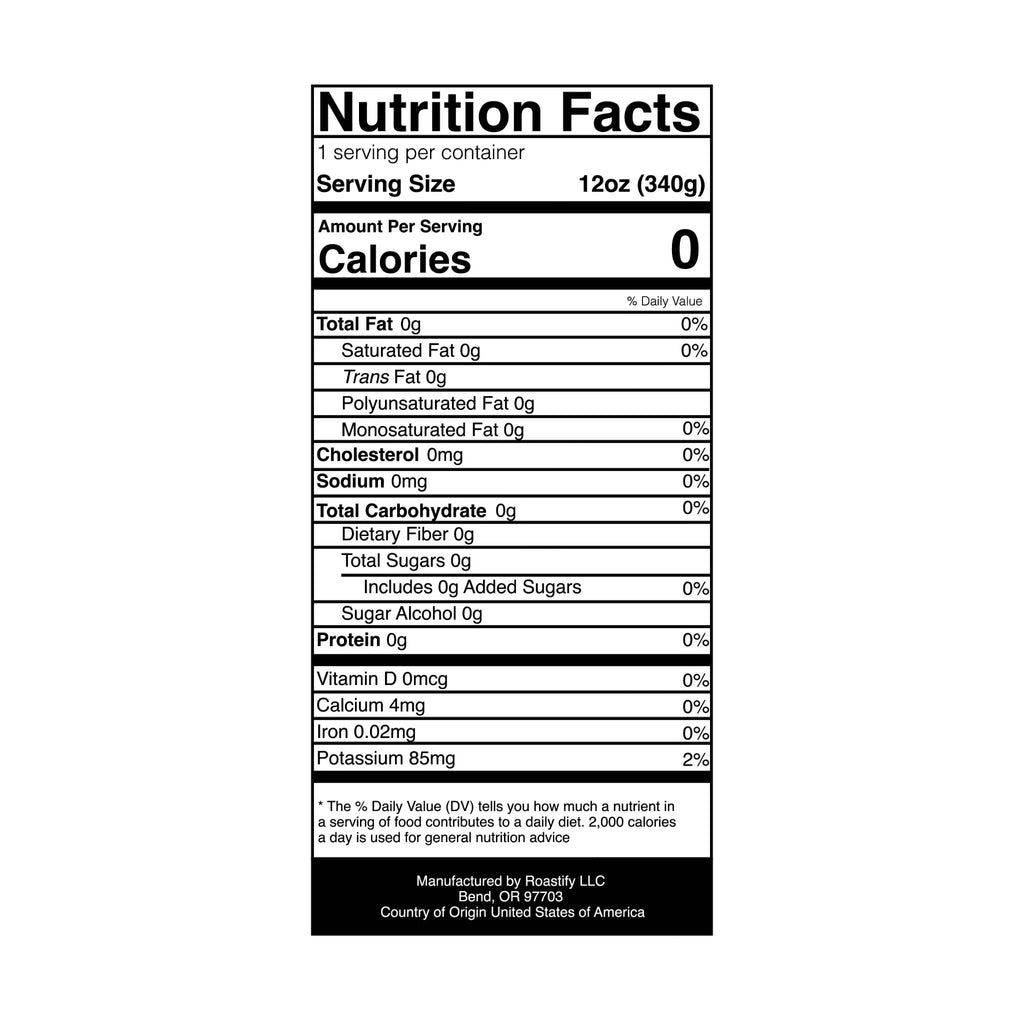 Nutrition facts label showing zero calories, fat, cholesterol, sodium, carbs, sugars, and protein per 12oz serving