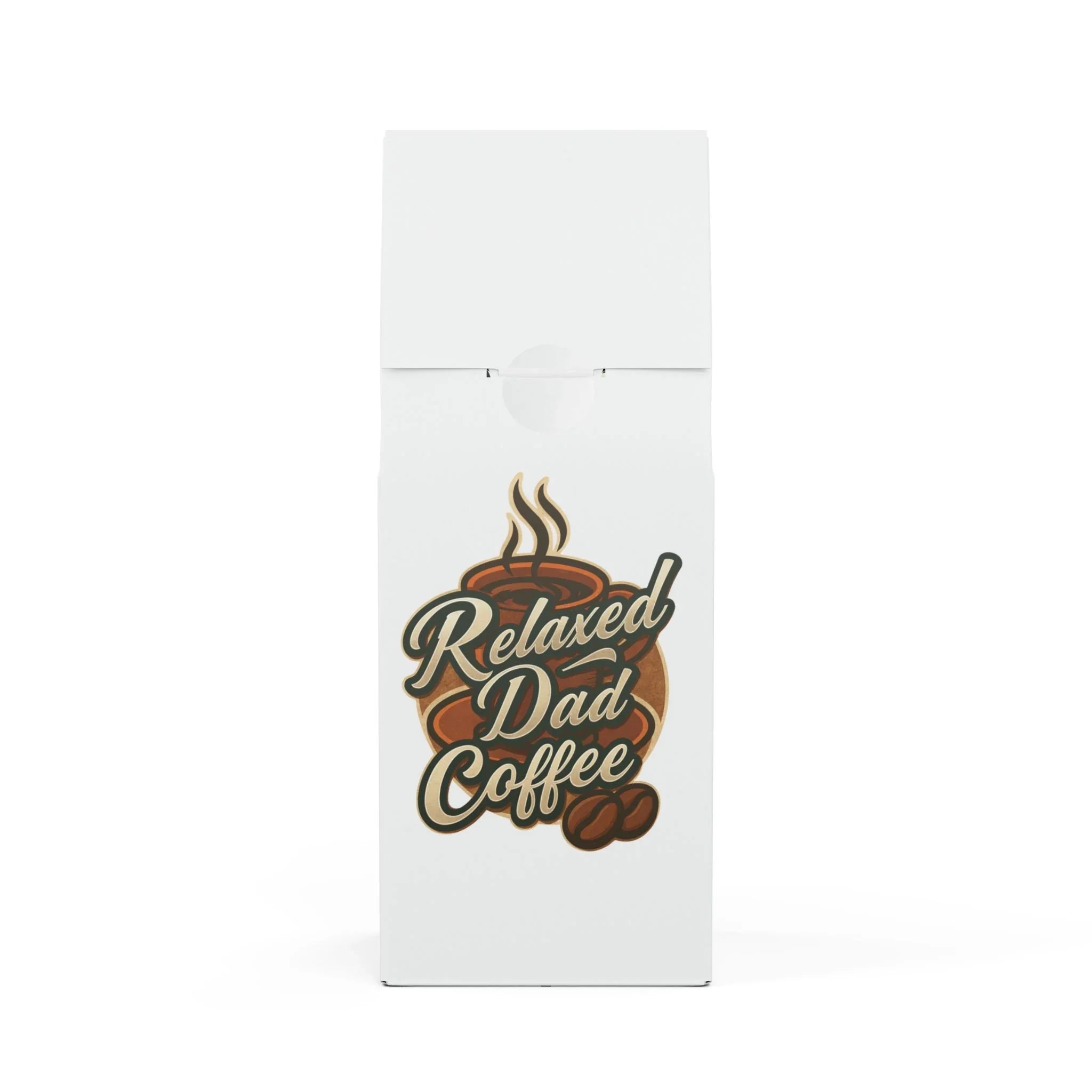 White coffee bag with steaming cup and coffee beans logo, text Relaxed Dad Coffee