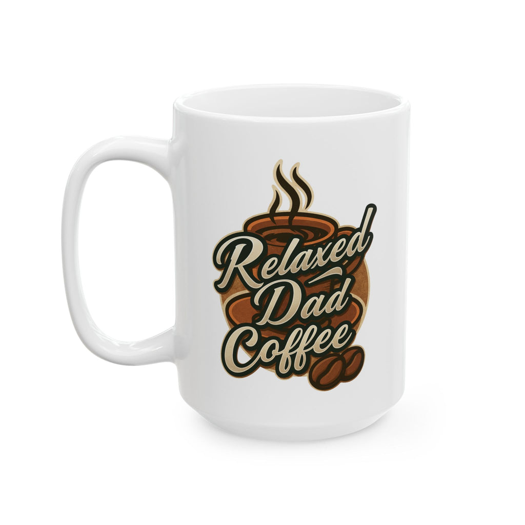 White coffee mug with brown steaming cup graphic and text Relaxed Dad Coffee with coffee beans