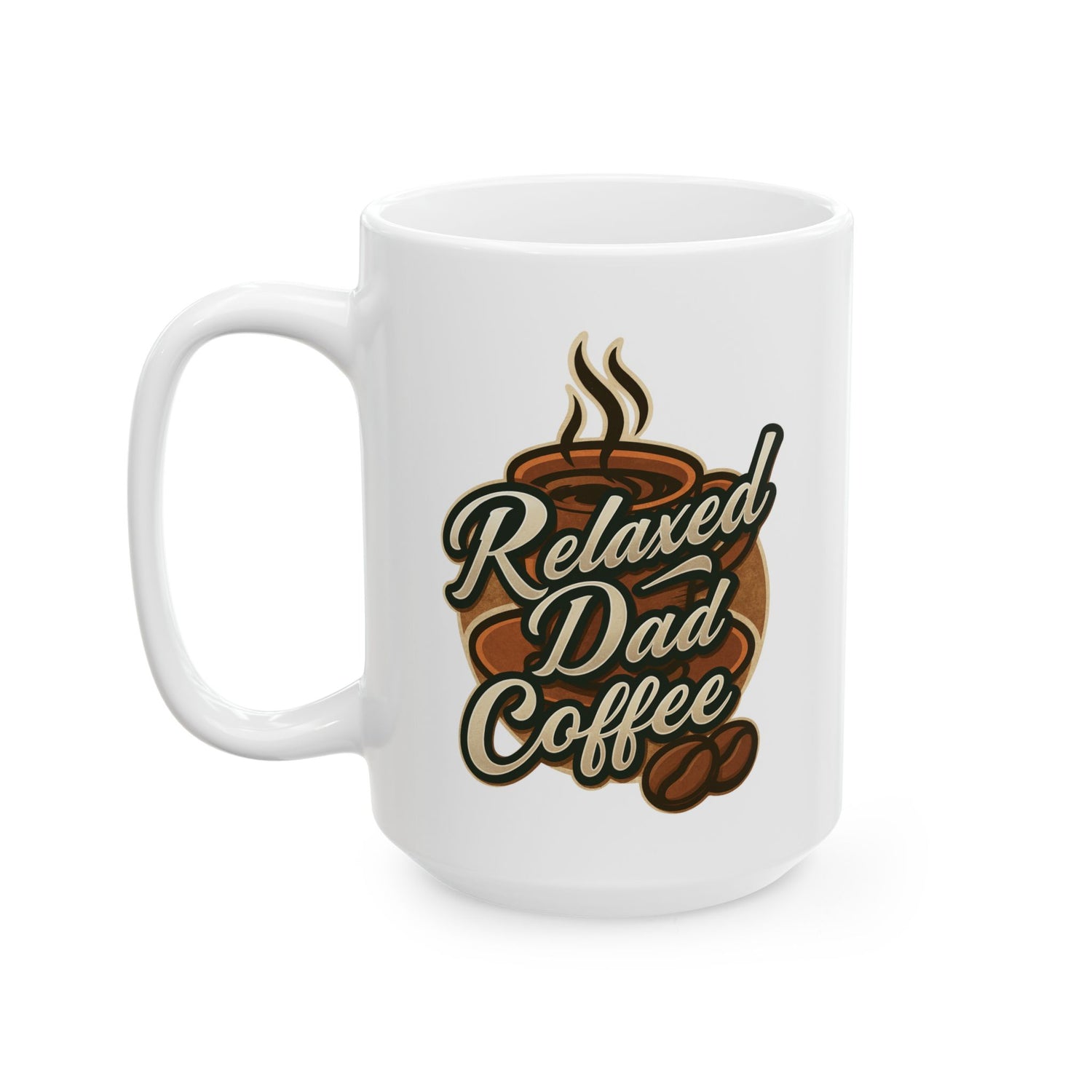 White coffee mug with brown steaming cup graphic and text Relaxed Dad Coffee with coffee beans
