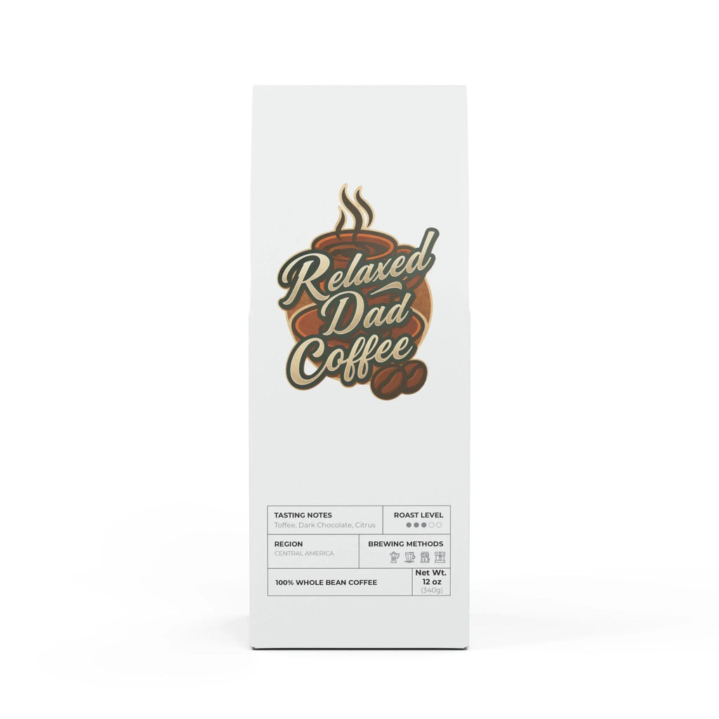 Relaxed Dad Coffee 12oz whole bean coffee with toffee, dark chocolate, citrus tasting notes