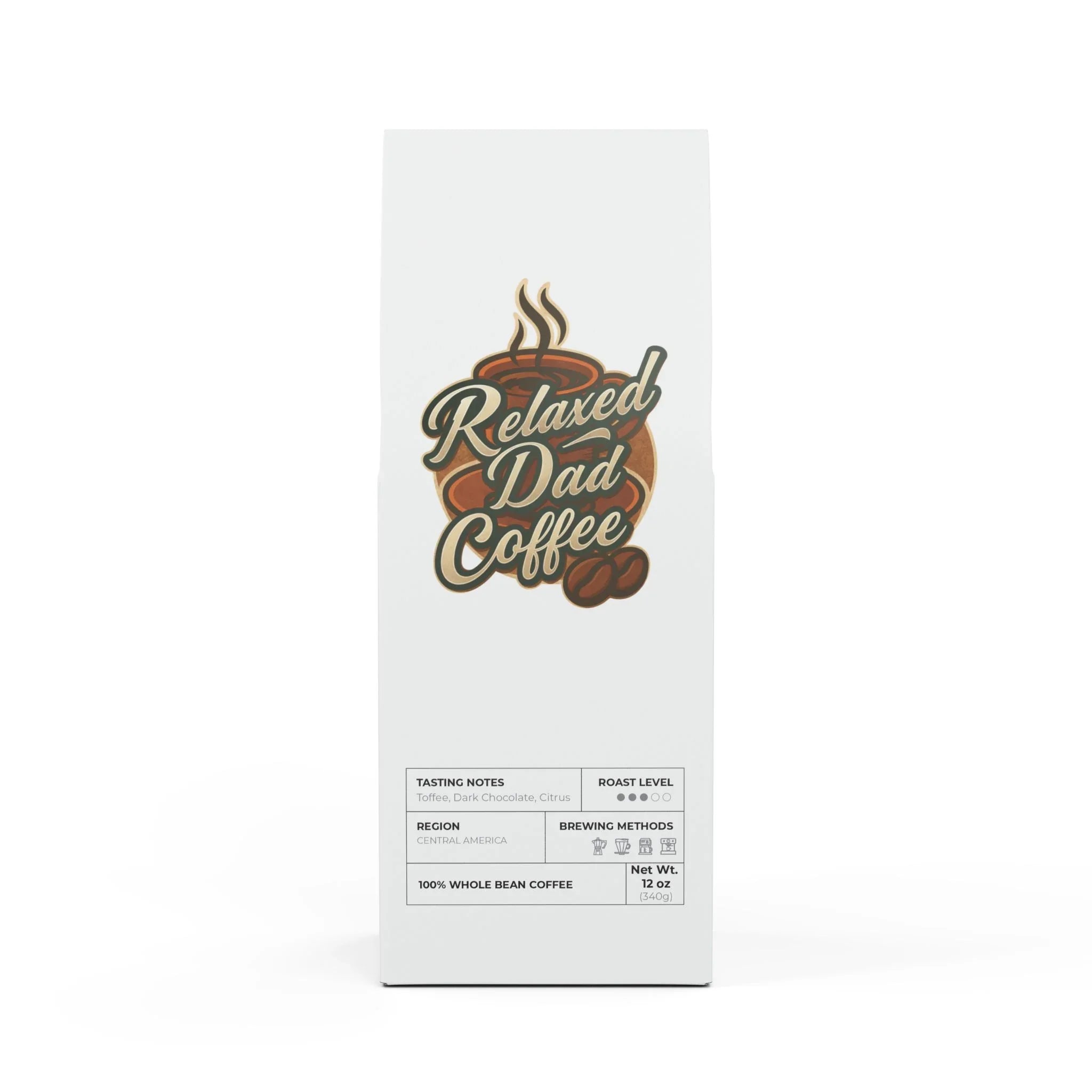 Relaxed Dad Coffee 12oz whole bean coffee with toffee, dark chocolate, citrus tasting notes