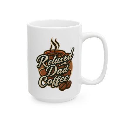 White ceramic coffee mug with a &