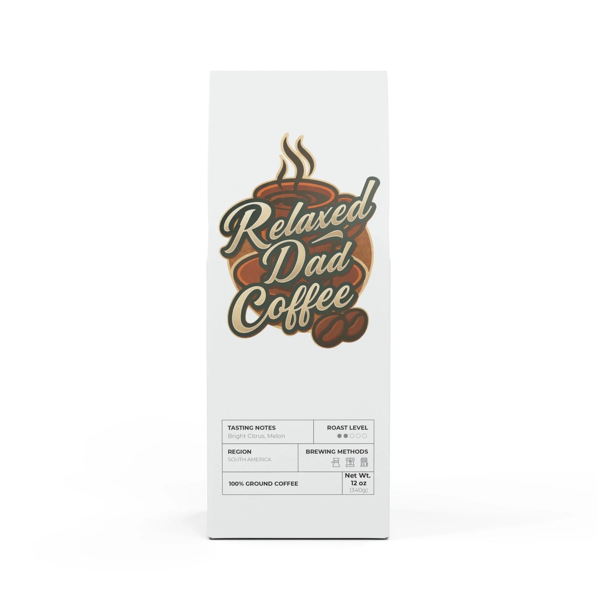 Relaxed Dad Coffee 12oz ground coffee bag with bright citrus, melon tasting notes and light roast from South America