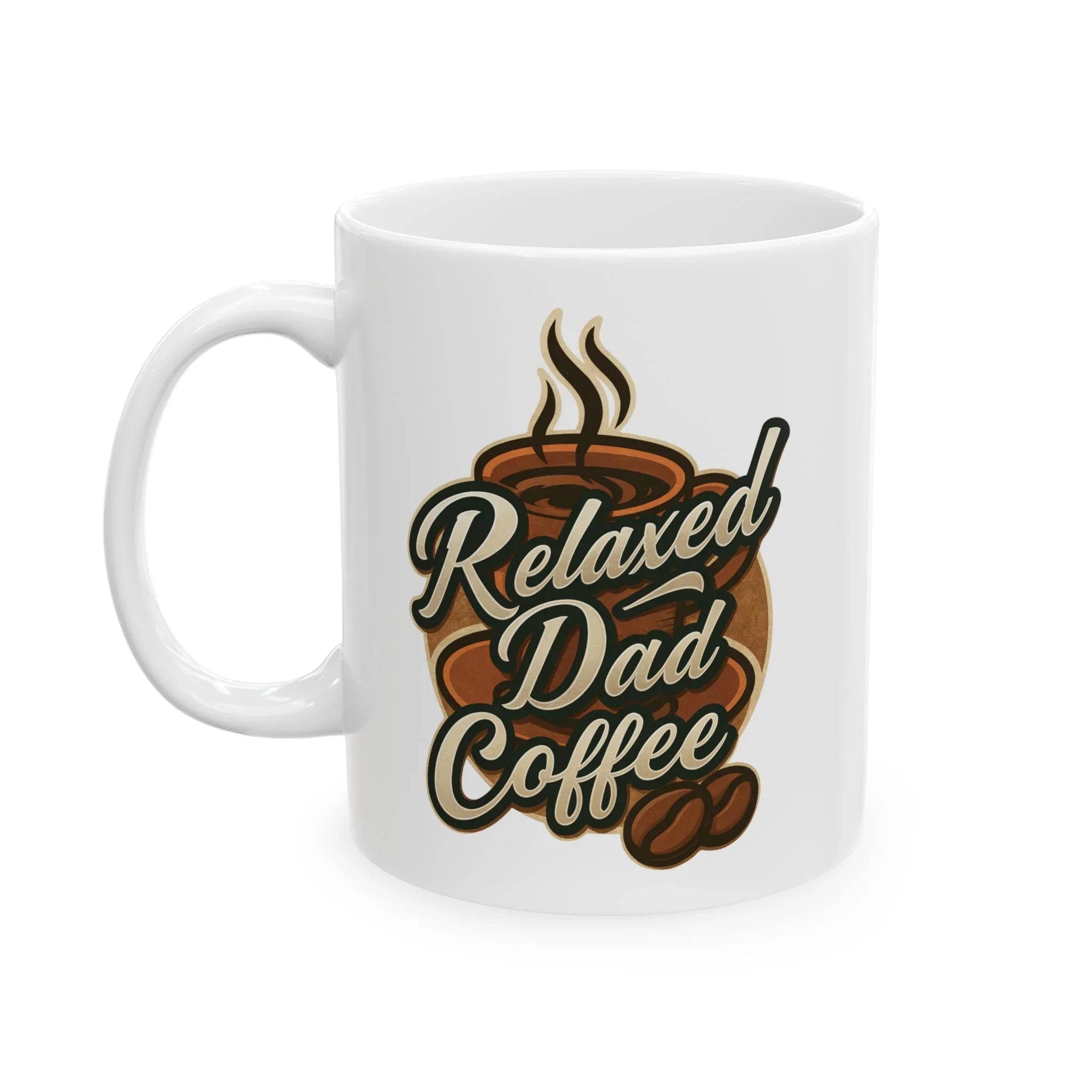 White coffee mug with brown steaming cup design and text Relaxed Dad Coffee with coffee beans