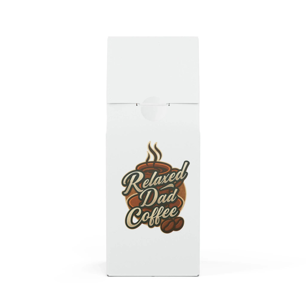 White coffee bag with Relaxed Dad Coffee logo featuring steaming cup and coffee beans