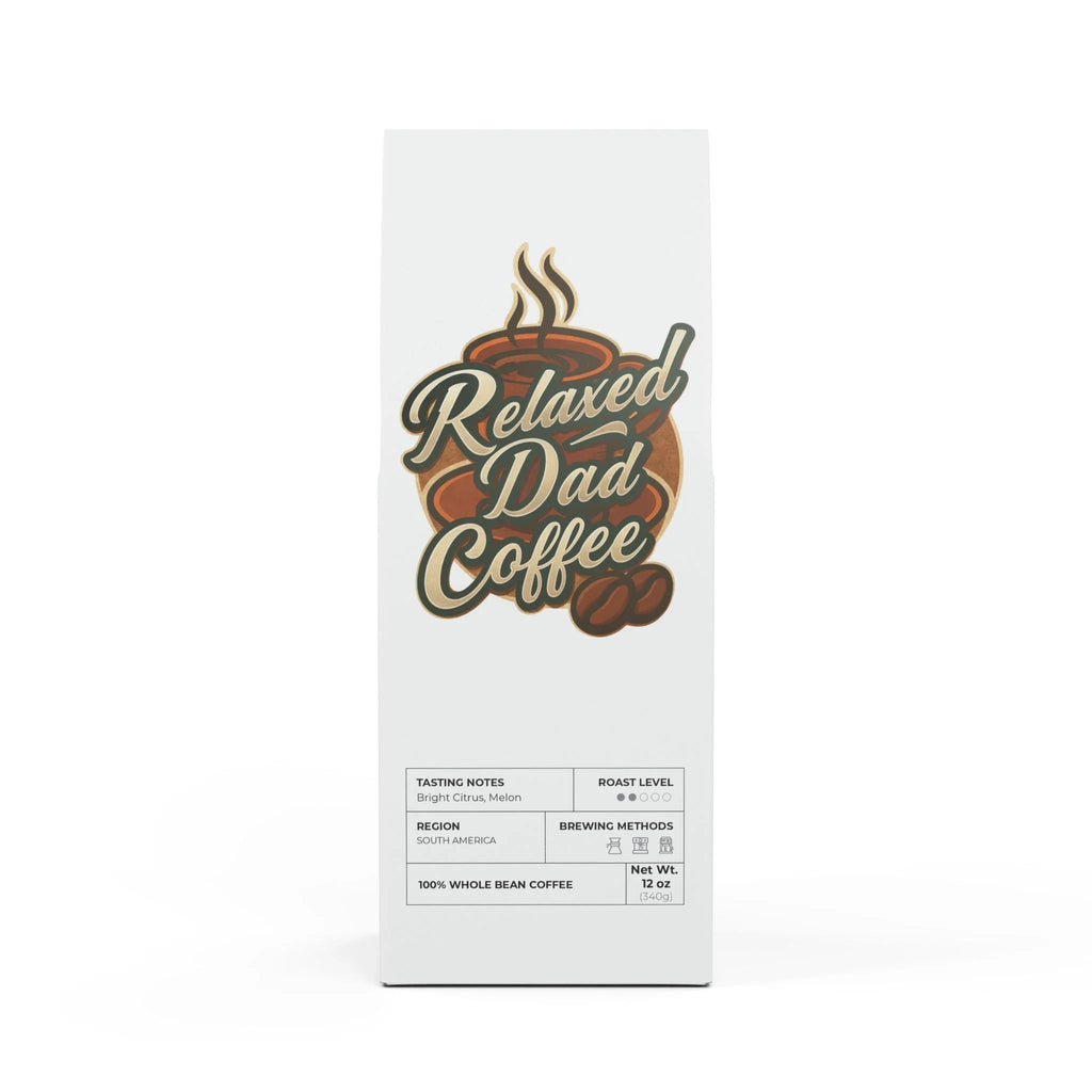 Relaxed Dad Coffee whole bean coffee bag with bright citrus and melon tasting notes from South America