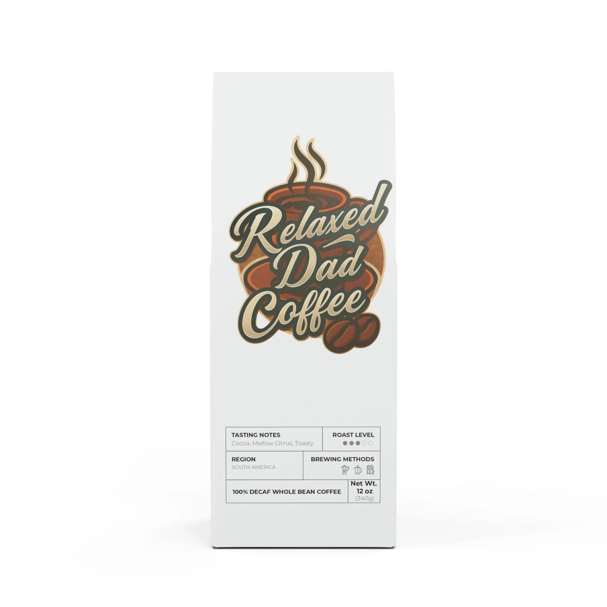 Relaxed Dad Coffee 12oz decaf whole bean bag with cocoa, citrus tasting notes and medium roast