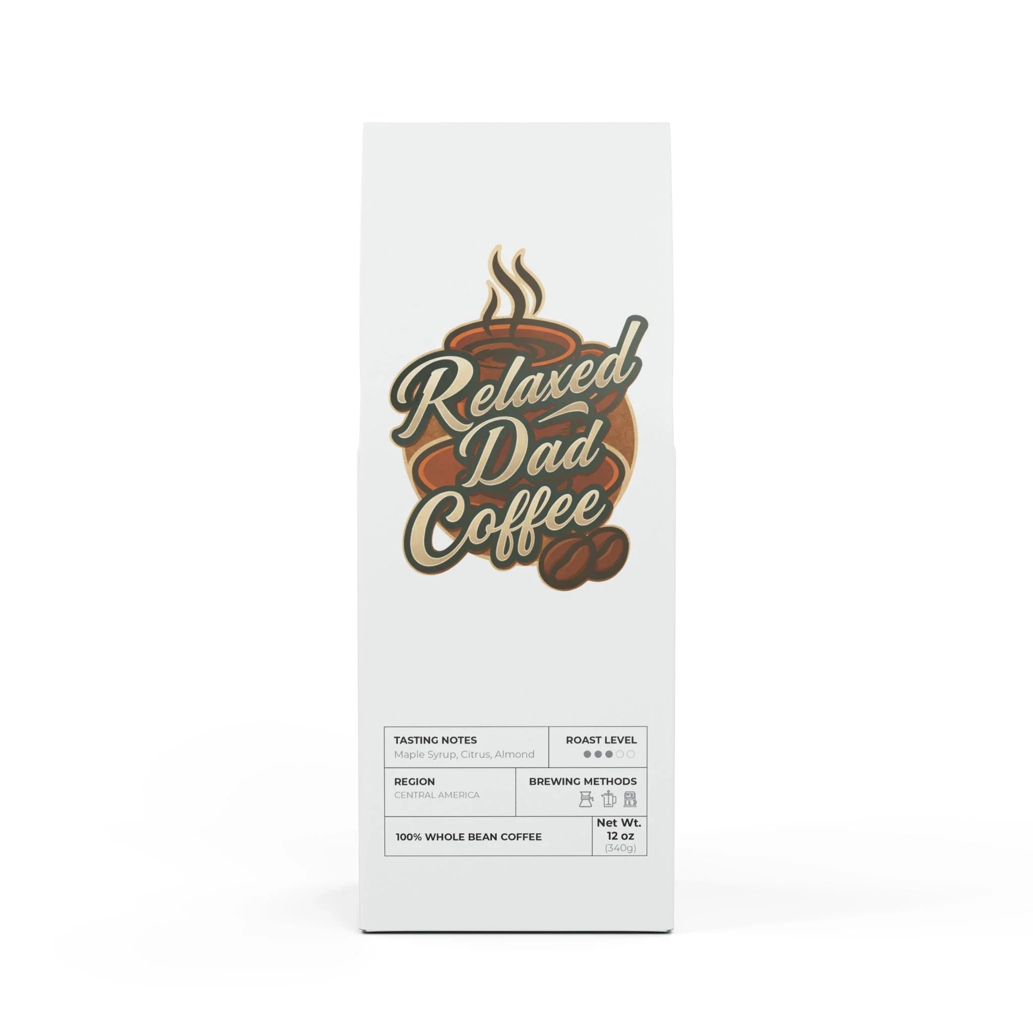 Relaxed Dad Coffee whole bean coffee bag with maple syrup, citrus, almond notes, medium roast