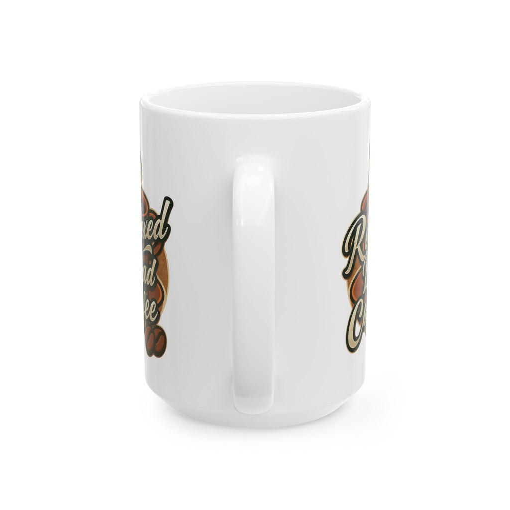 White ceramic coffee mug with a vintage roasted coffee beans logo on both sides