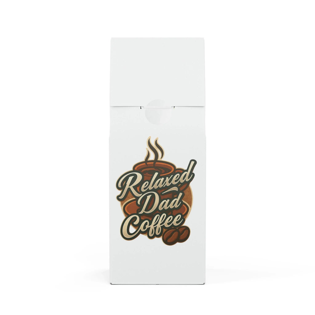 White coffee bag with Relaxed Dad Coffee logo featuring steaming cup and coffee beans