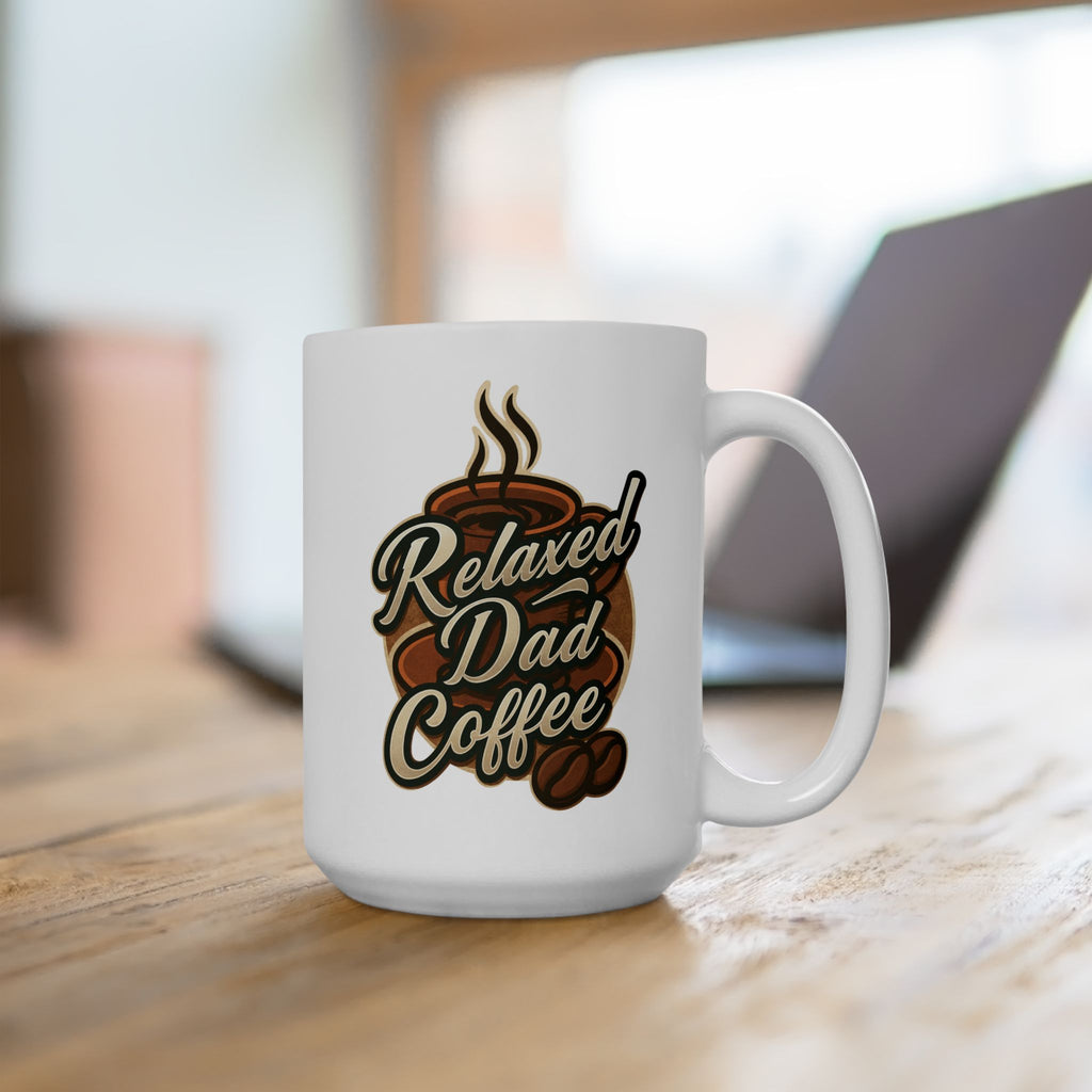 White coffee mug on wooden table with Relaxed Dad Coffee text and coffee cup design