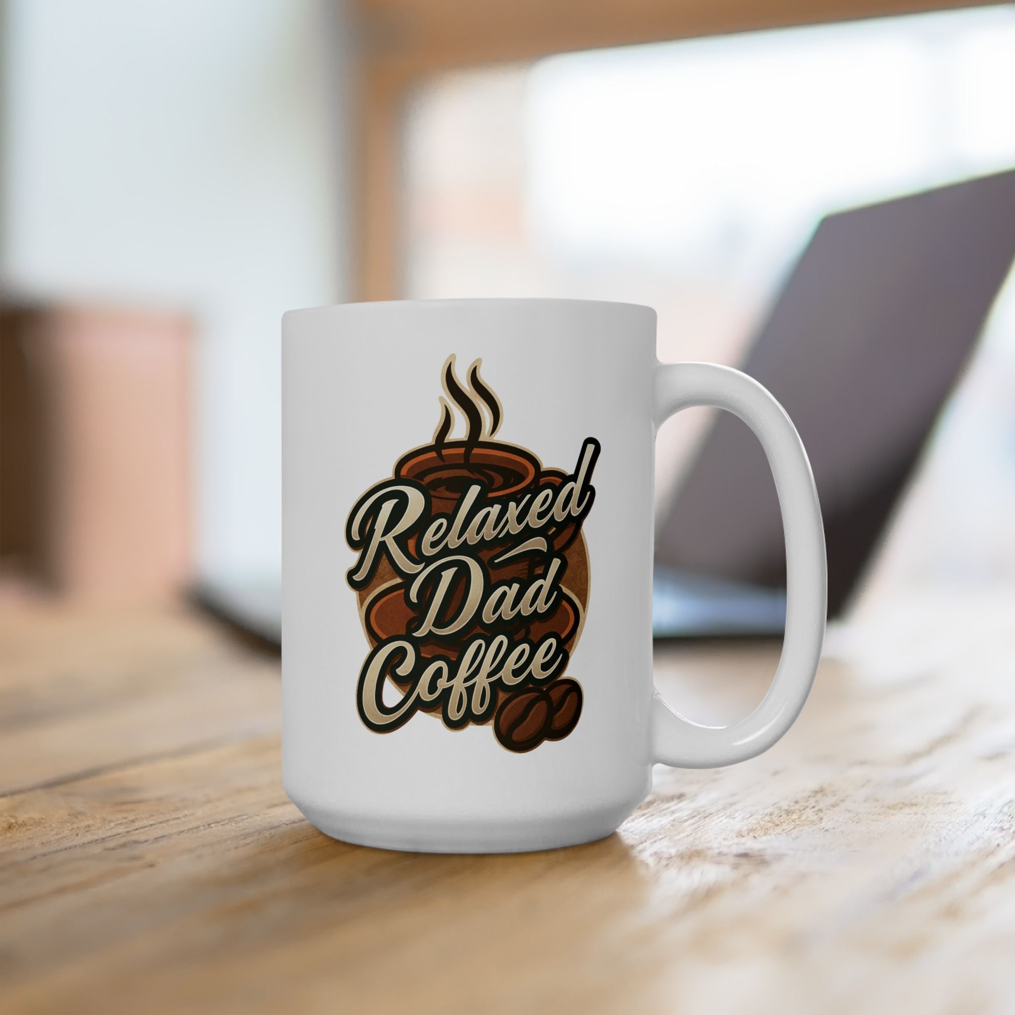 White coffee mug on wooden table with Relaxed Dad Coffee text and coffee cup design