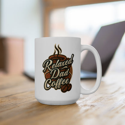 White coffee mug on wooden table with Relaxed Dad Coffee text and coffee cup design