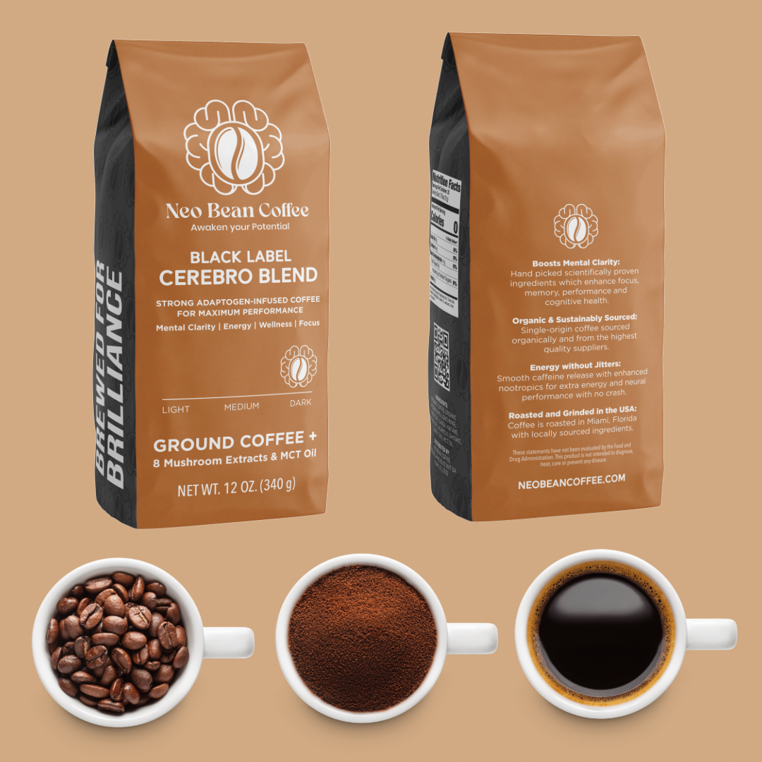 Neobean Black Label Cerebro Blend - Mushroom Coffee - Adaptogen Coffee with 8 Mushrooms &amp; MCT Oil