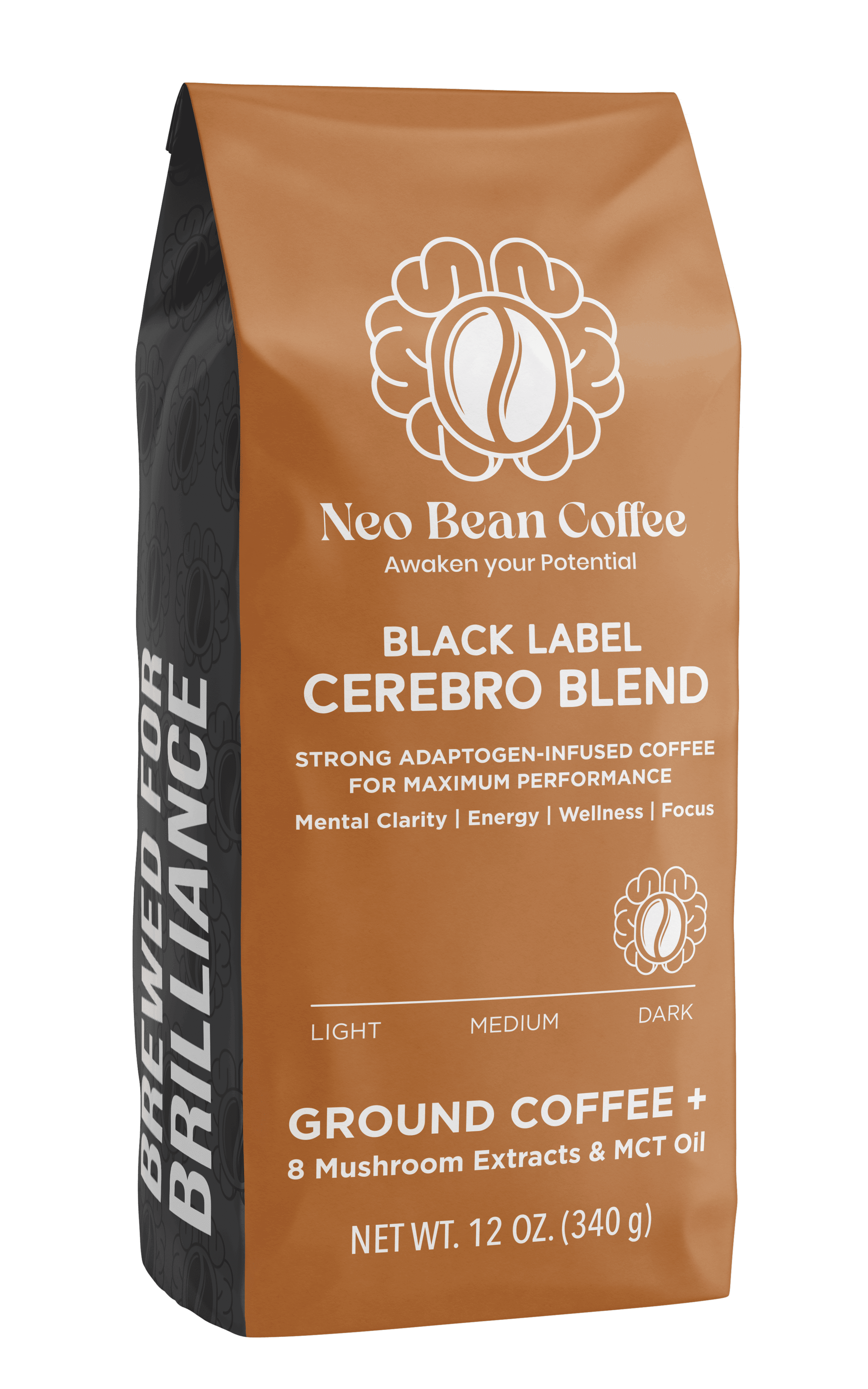Neobean Black Label Cerebro Blend - Mushroom Coffee - Adaptogen Coffee with 8 Mushrooms &amp; MCT Oil