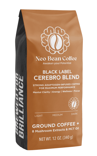 Neobean Black Label Cerebro Blend - Mushroom Coffee - Adaptogen Coffee with 8 Mushrooms &amp; MCT Oil
