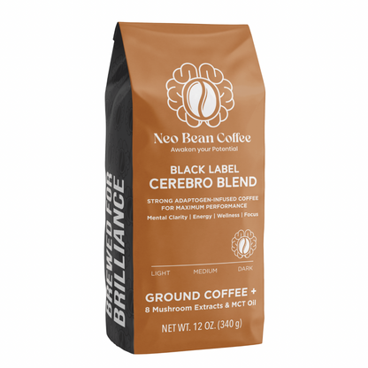 Neobean Black Label Cerebro Blend - Mushroom Coffee - Adaptogen Coffee with 8 Mushrooms &amp; MCT Oil
