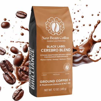 Neobean Black Label Cerebro Blend - Mushroom Coffee - Adaptogen Coffee with 8 Mushrooms &amp; MCT Oil
