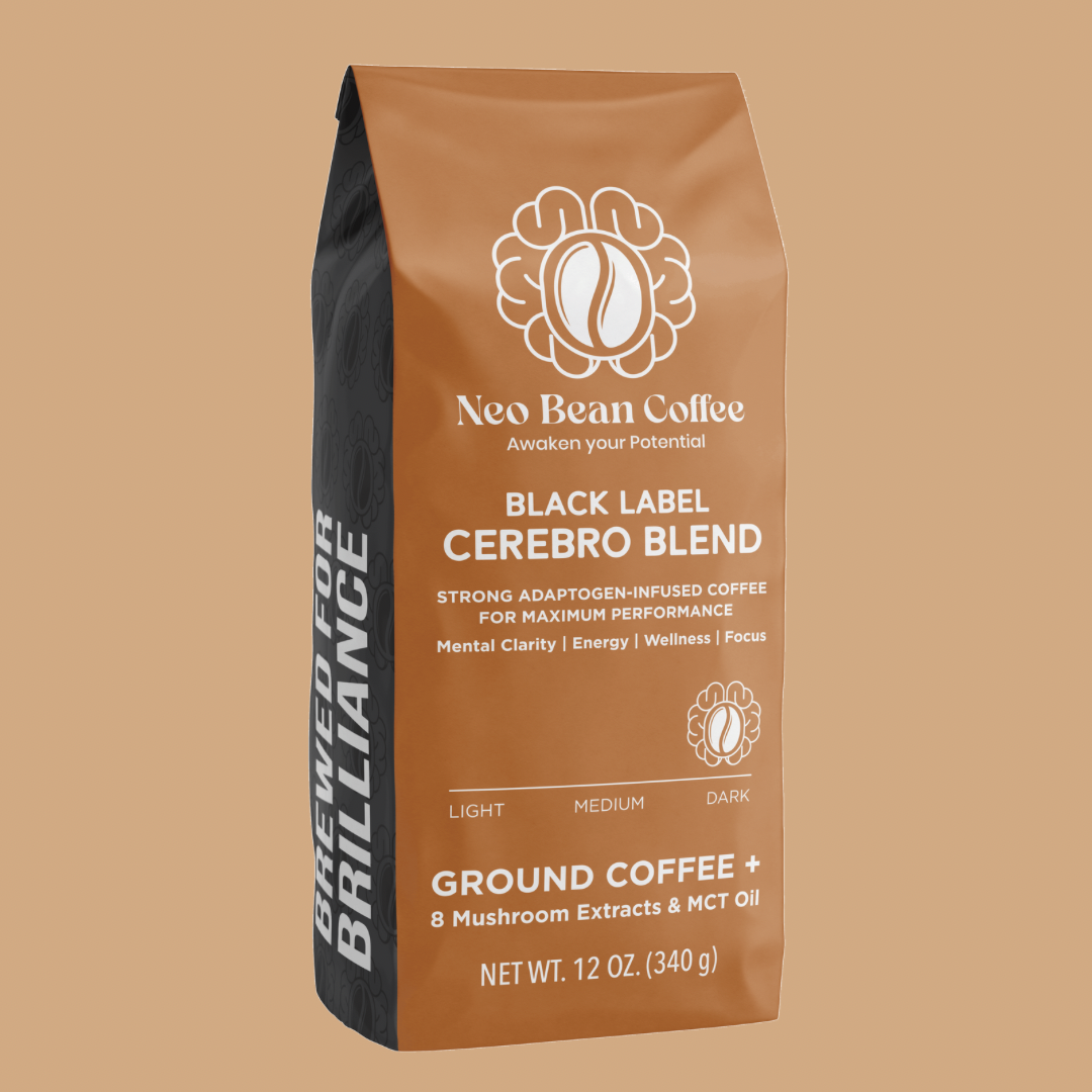 Neobean Black Label Cerebro Blend - Mushroom Coffee - Adaptogen Coffee with 8 Mushrooms &amp; MCT Oil